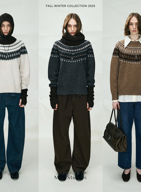 MRS Studios 北欧氛围费尔岛风格  羊毛彩点纱插肩袖针织套头毛衣