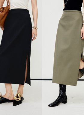 MRS Studios 经典百搭R0W风时髦窄腰显瘦羊毛开叉西装半裙黑色