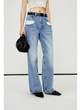 MRS Studios 环保水洗ins街拍 休闲宽松中低腰露袋布直筒长牛仔裤