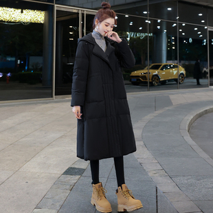 黑色中长款羽绒服女2024冬季新款韩版宽松大码 a字连帽白鸭绒外套
