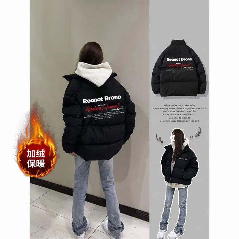 潮牌个性字母印花情侣款棉服男女冬季加厚棉衣慵懒高级感无帽外套