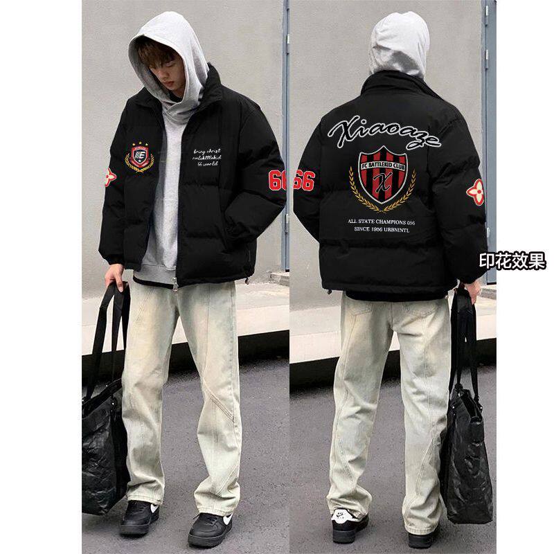 国潮街头复古印花棉衣外套男女秋冬ins潮牌oversize加厚情侣棉服