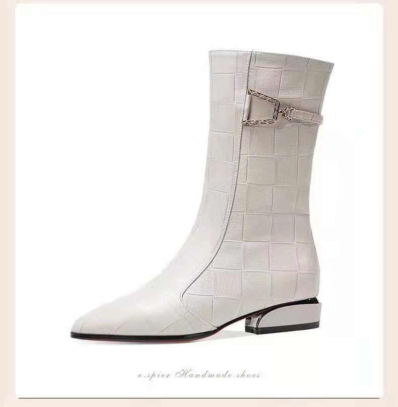 时装靴女2021年秋冬季新款时尚百搭休闲尖头方跟侧拉链中筒靴