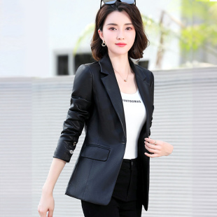 牌女装修身收腰pu皮尤外套 时尚短装皮u小西服领短款水洗皮衣