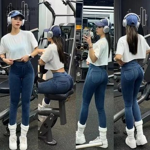 秋冬加绒瑜伽裤牛仔芭比裤女高腰提臀显瘦外穿运动紧身训练健身裤