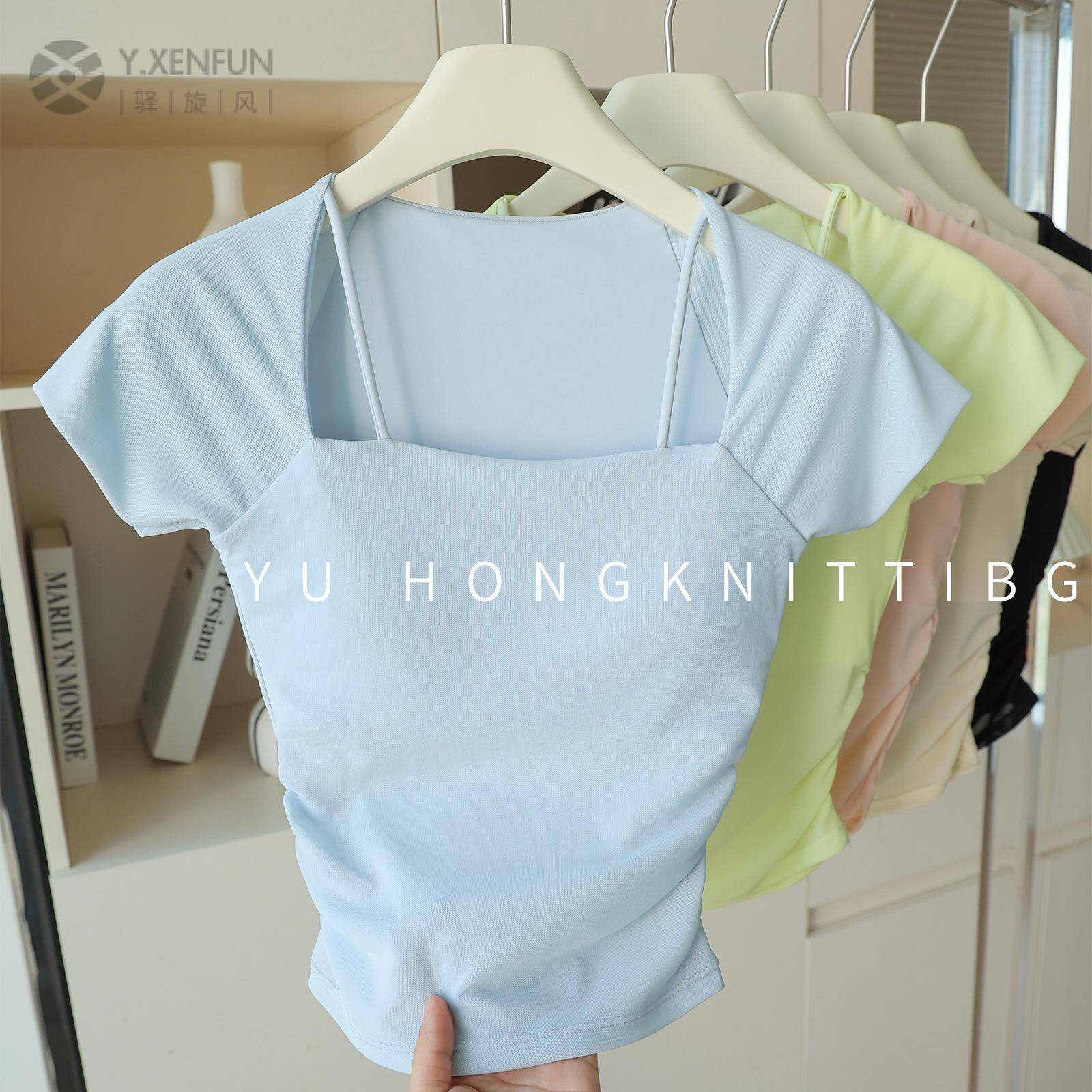 带胸垫瑜伽服短袖女假两件网纱运动T恤透气速干普拉提训练健身服