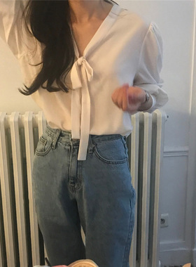 现货韩国东大门秋冬新款vegetable蔬菜乳白色系带长袖休闲衬衫