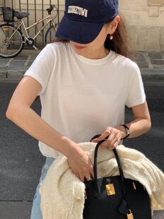 现货韩国东大门早秋新款ounce纯色打底基础圆领短袖上衣T恤