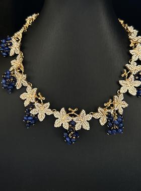 古着饰品欧美蓝紫葡萄猫眼石轻奢小众vintage镀金满钻法式项链