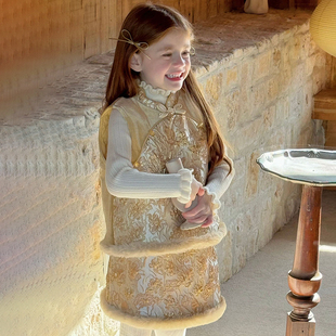 女童新中式 儿童国风富贵花开新年拜年服 夹棉马甲背心旗袍套裙冬季