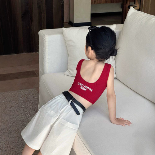2026夏季新款韩版童装女童时髦后背镂空字母背心宽松五分裤中裤子