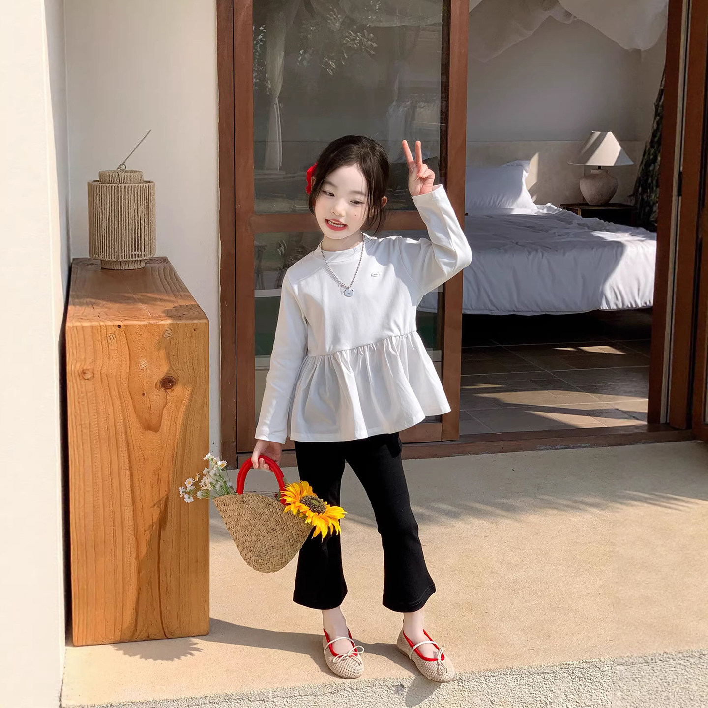 春款童装女童拼接长袖T恤春季新款设计感儿童上衣打底衫喇叭裤子