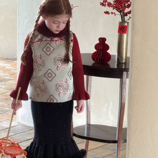 女童2026马年新款拜年服女孩新年兔毛领子马甲儿童无袖旗袍上衣潮