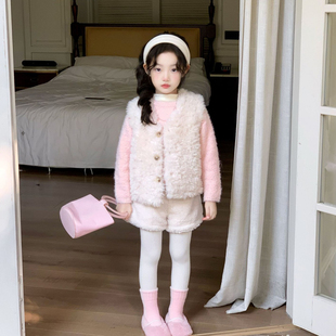 女童羊羔绒马甲秋冬新款童装儿童马夹女孩洋气背心针织衫毛衣短裤