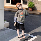 儿童t恤春夏2026新款 子 T恤上衣裤 男女童潦草小狗背心格子衬衫 短袖