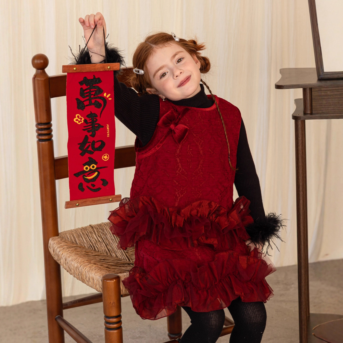 女童丝绒旗袍马甲半裙冬季保暖套