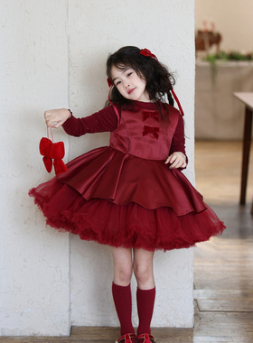 女童加绒红色网纱蛋糕裙背心裙2025冬季女孩公主裙tutu裙圣诞礼服