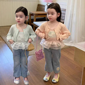 网纱拼接吊带宝宝牛仔裤 女童套装 时髦儿童针织开衫 新款 潮 2026春季