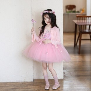 女童粉色花朵网纱连衣裙2026春季 女孩甜美仙女裙蓬蓬公主裙子 新款