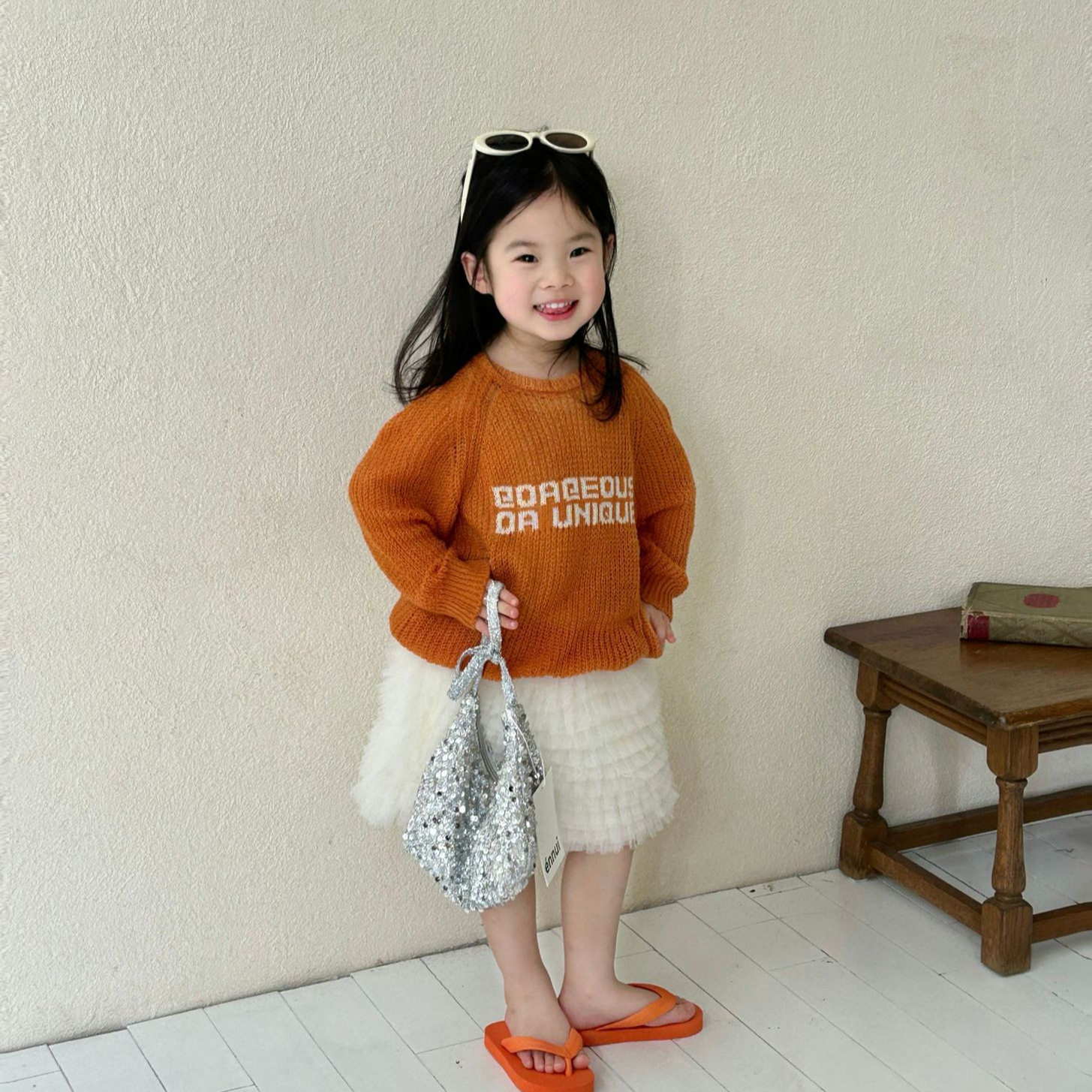 2026春季新款童装韩版女童字母宽松慵懒风薄款毛衣蛋糕公主纱裙