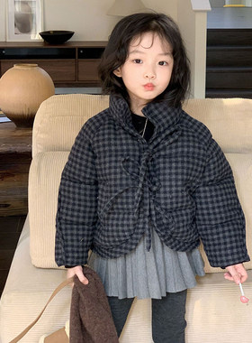 加厚冬季格纹蝴蝶结绑带棉服外套