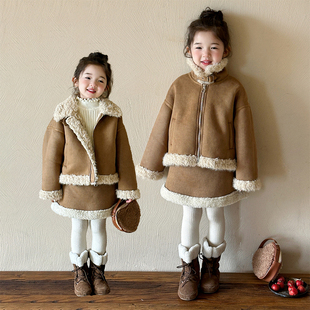 女童冬季 麂皮绒羊羔毛外套皮毛一体加绒棉服毛毛半身裙高级感 新款