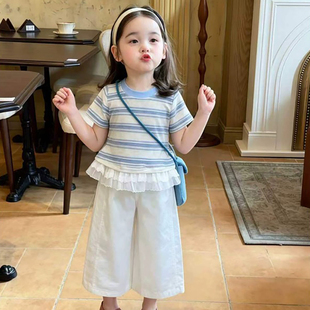 女童巨好看短袖t恤夏季2026新款儿童洋气时髦蓝色条纹上衣女宝宝