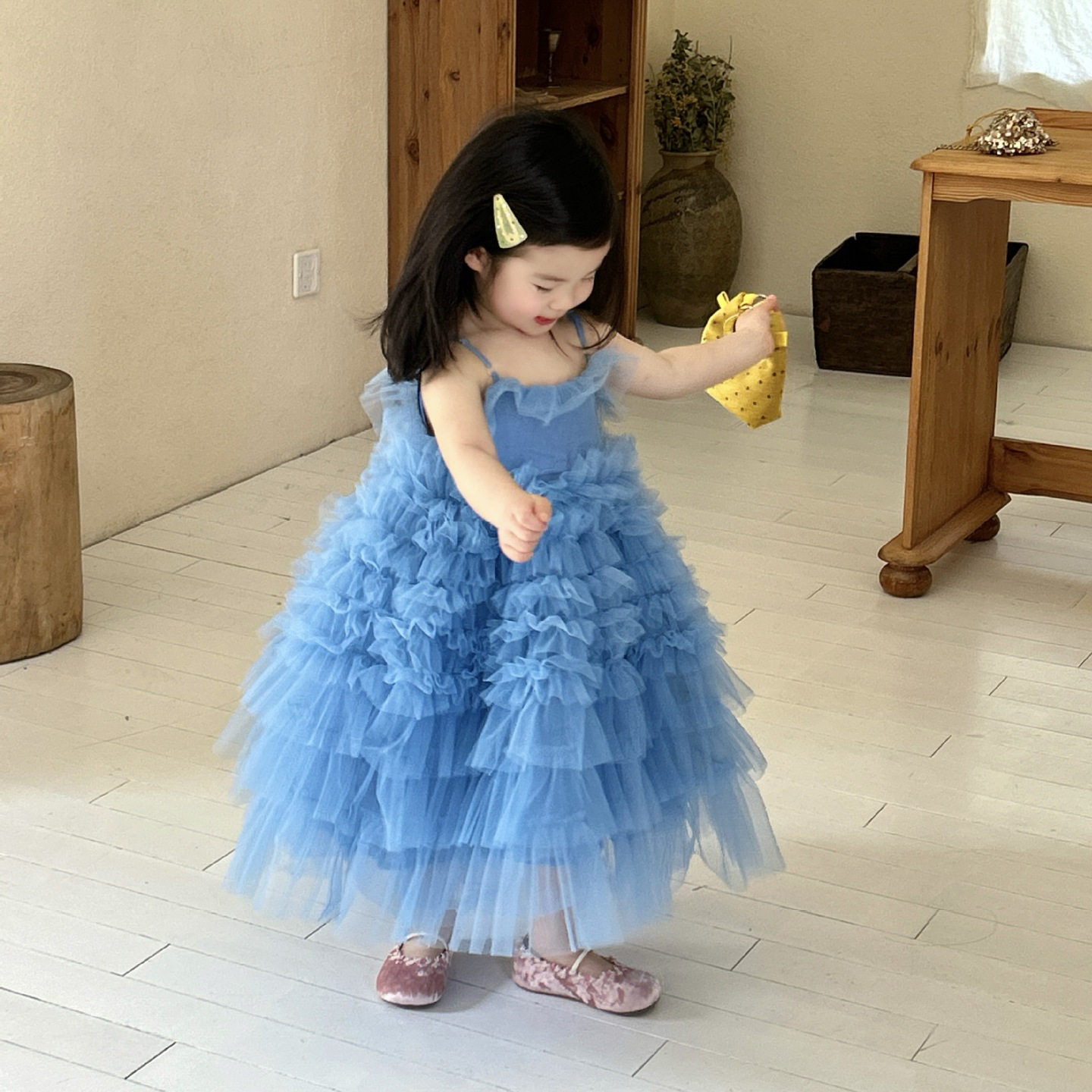 2026春夏季新款童装韩版女童蓝色层层网纱连衣裙儿童蓬蓬裙公主裙