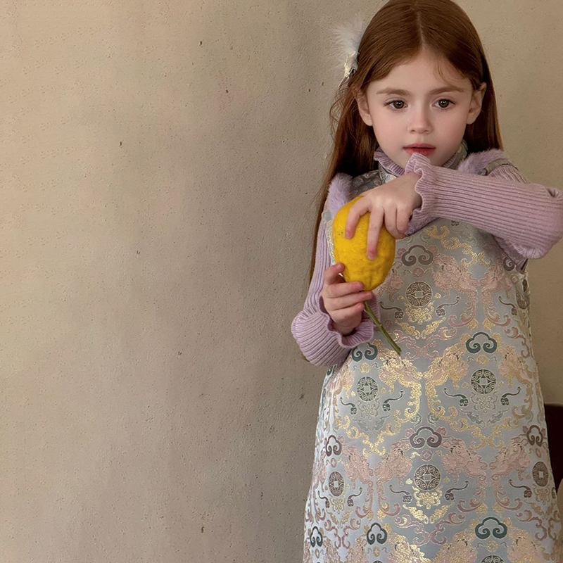 祥云聚福 |女童改良新中式提花水貂毛旗袍裙夹棉马甲背心裙拜年服