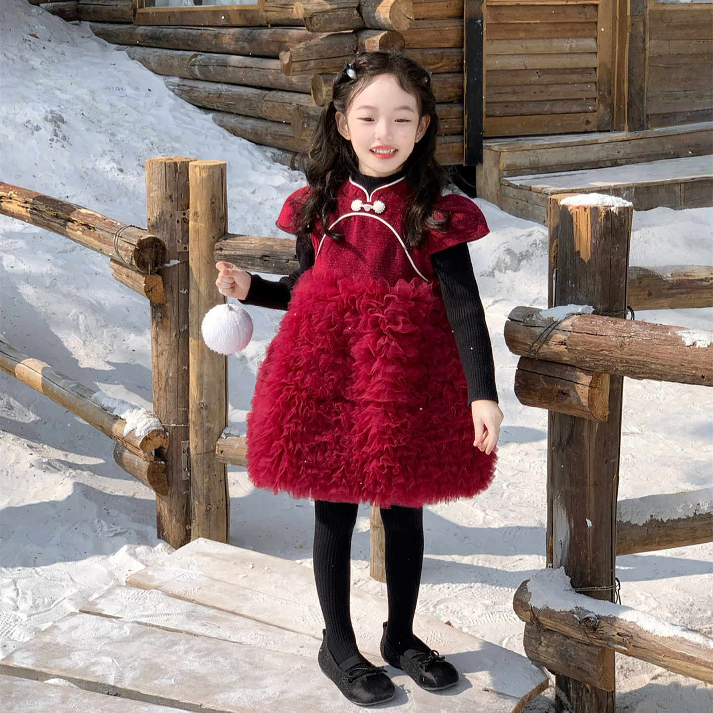 女童秋冬连衣裙红色毛绒蓬蓬裙洋气韩版公主裙新年礼服女宝宝冬装