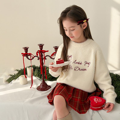 女童仿貂绒蝴蝶结抗起球针织衫