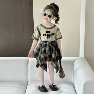 女童套装 韩版 新款 字母印花T恤短袖 上衣不规则半裙潮 童装 2024夏季