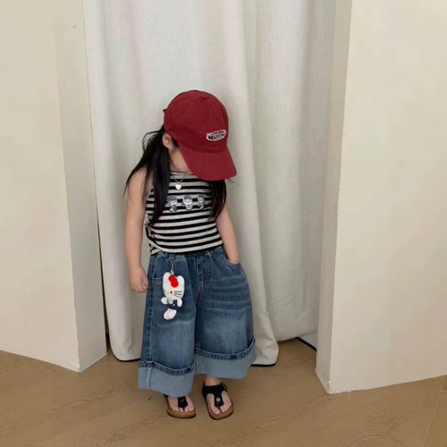 夏季新款童装女童洋气套装时髦条纹挂脖背心洋气吊带直筒裤牛仔裤