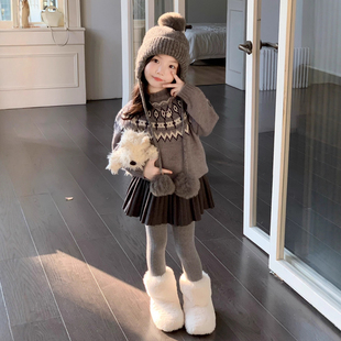 女童2025秋冬新款童装氛围感毛衣加厚儿童针织衫洋气毛呢百褶半裙