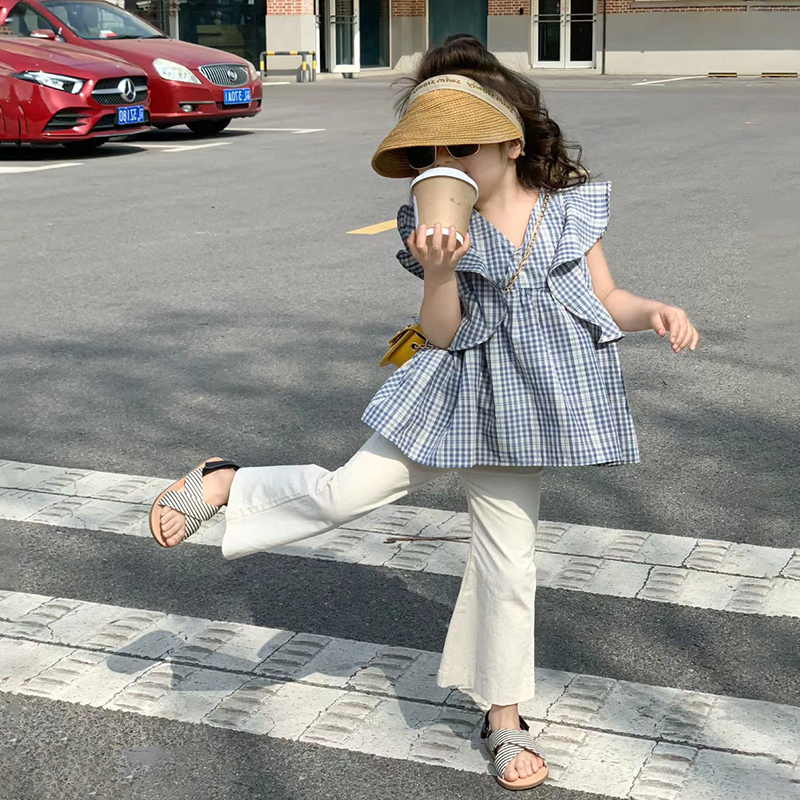 夏季新童装女童空气感飞袖衬衫九分喇叭裤女宝清新格子娃娃衫裤子 童装/婴儿装/亲子装 衬衫 原图主图