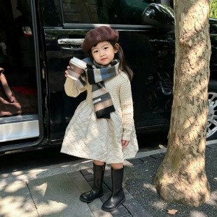 女童连衣裙秋冬款2026新款女儿童针织拼接裙子洋气格纹毛衣打底裙