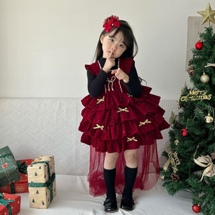 女童秋冬连衣裙新款女孩套装过年衣服公主裙儿童红色生日礼服裙子