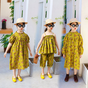 IFKIDS童装 发带 吊带套装 儿童女童春夏黄绿复古花系列—连衣裙