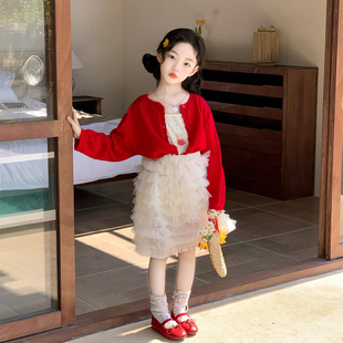 春夏童装2026春款女童韩版针织薄开衫外套吊带蛋糕纱裙半裙洋气潮