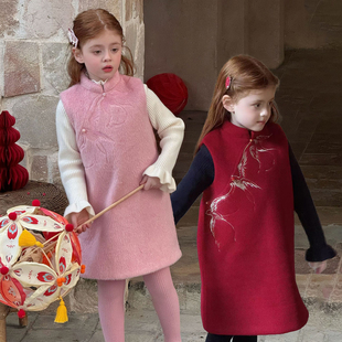 新中式 女童冬季 国风盘扣毛呢背心裙毛衣套装 童装 连衣裙拜年服 新款
