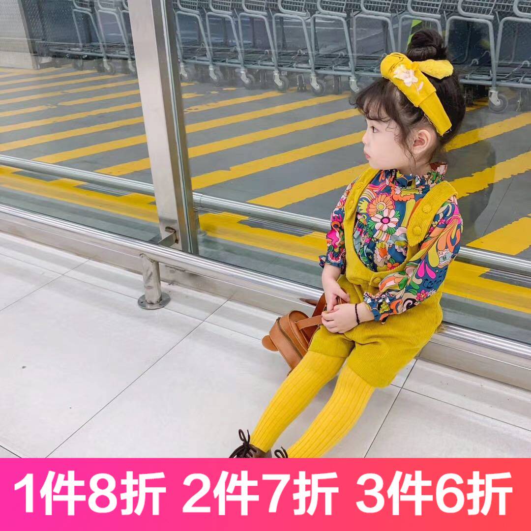 特价春秋女童欧美风男女孩儿童印花花色衬衫黄色灯芯绒背带裤