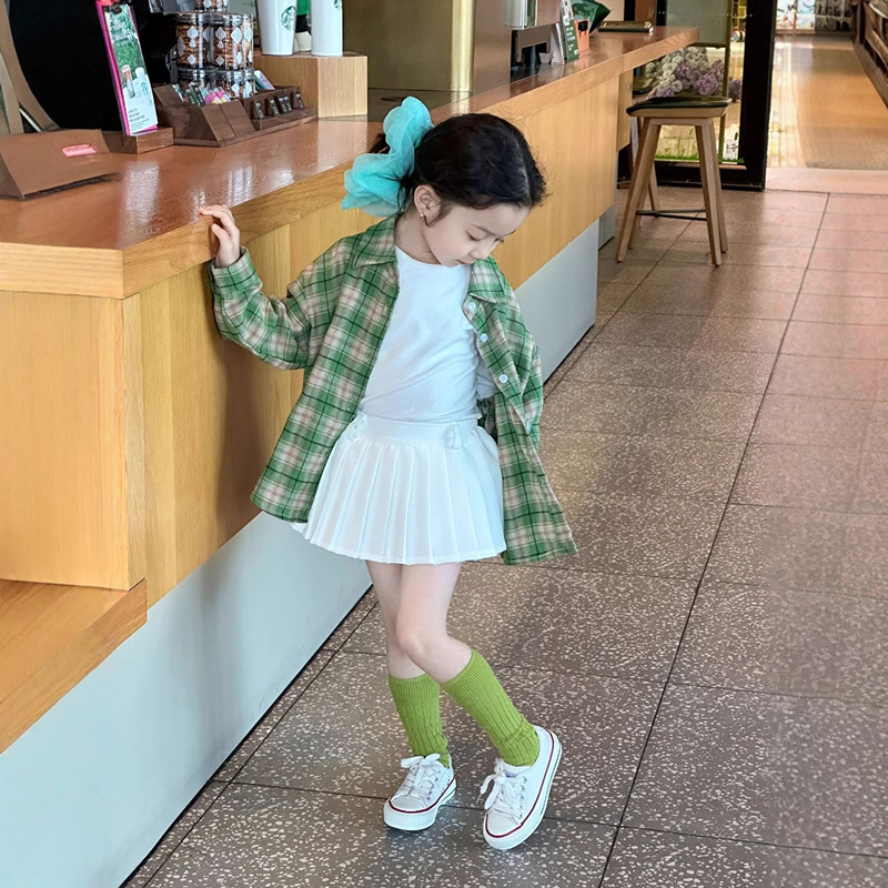 女童秋季新款甜系少女绿色格子长袖衬衫+白色百褶裙短裙T恤套装潮