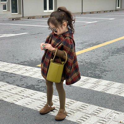 女童冬季圣诞双面羊毛呢斗篷外套