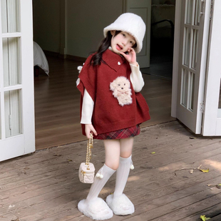 女童套装2025秋冬季新款韩版毛衣马甲背心儿童短裙长袖高领针织衫
