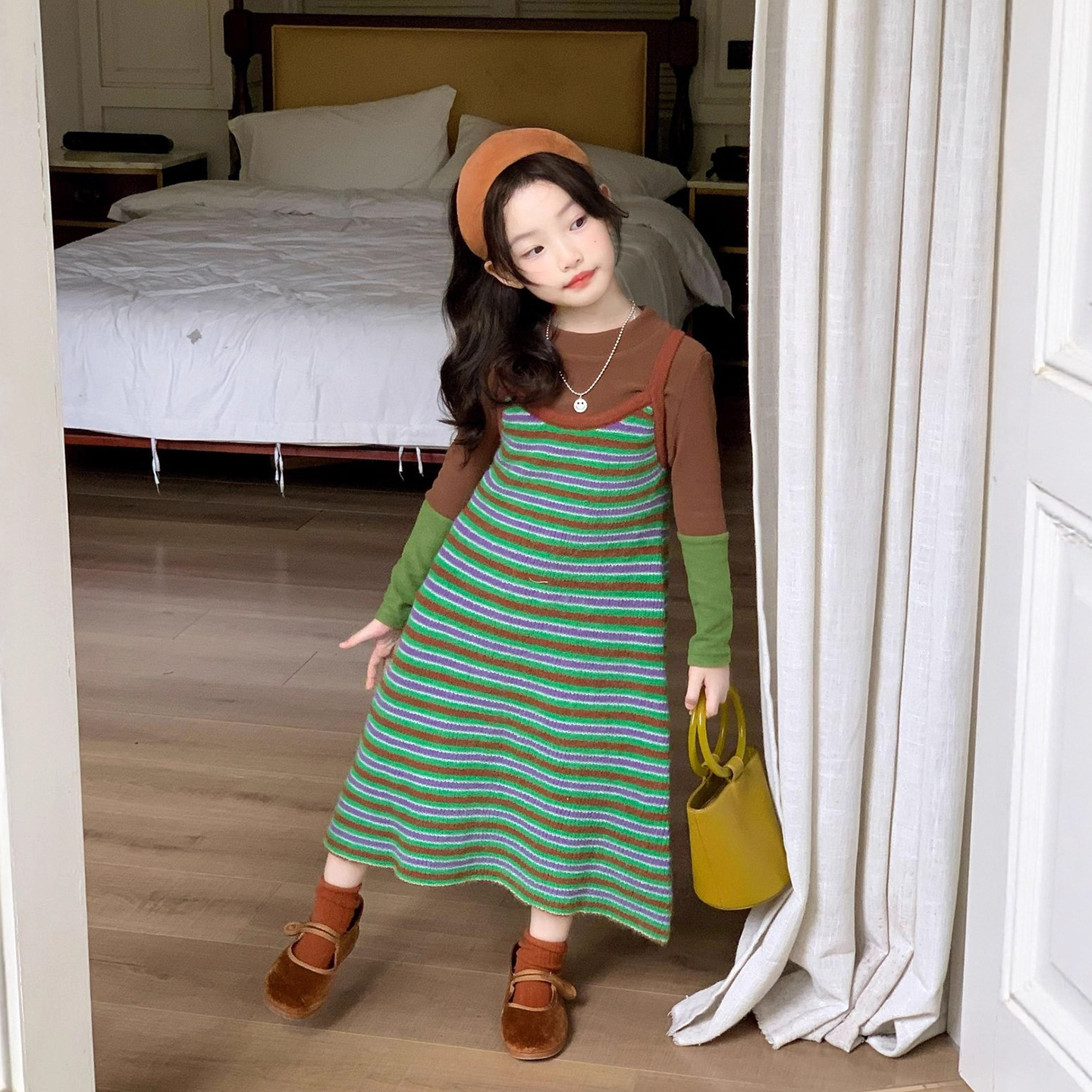 韩版童装女童时髦条纹吊带裙秋冬款儿童秋季裙子针织连衣裙打底衫