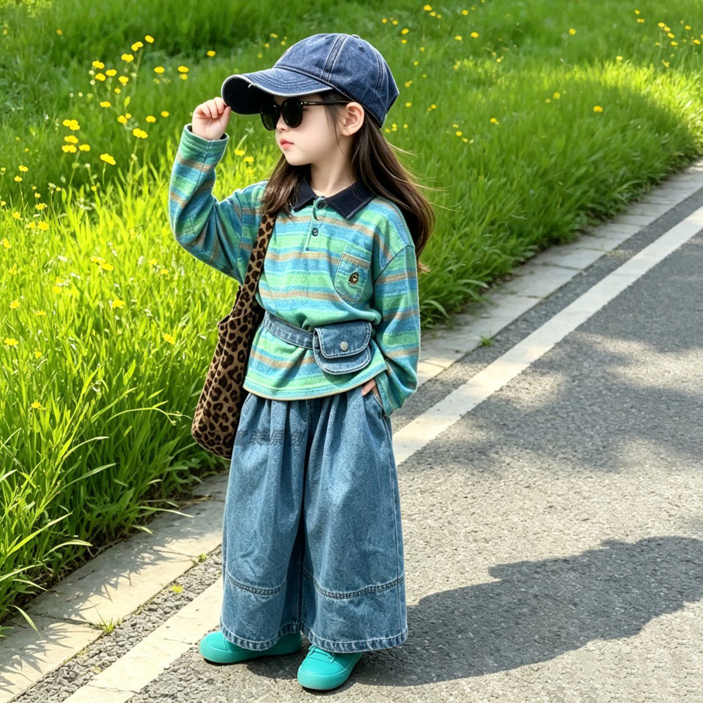 女童秋上衣长袖2026新款儿童休闲风舒适绿色条纹T恤女宝宝套头衫