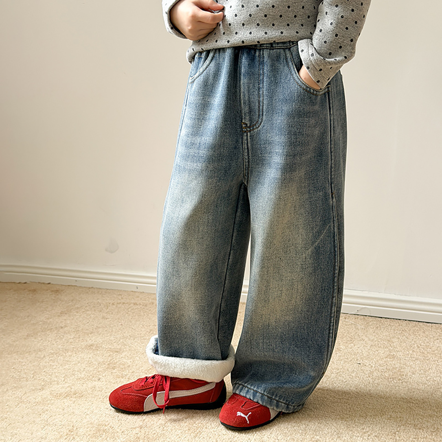 休闲设边开口磨白复古加绒冬款