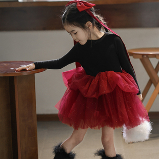 现货女童花苞蓬蓬公主裙过年服女孩红色亮片闪闪纱裙连衣裙小黑裙