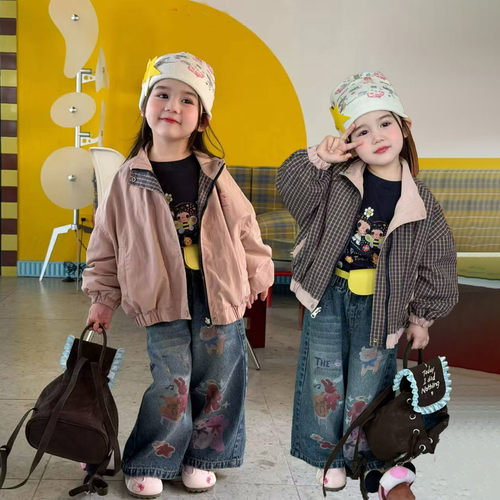 2026秋季新款韩版女童衣服洋气两面穿格子外套宝宝百搭休闲夹克衫