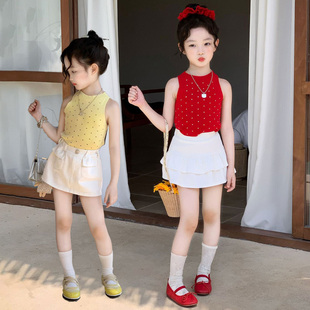 夏季女童显白红色波点针织背心复古修身无袖外穿打底吊带上衣半裙
